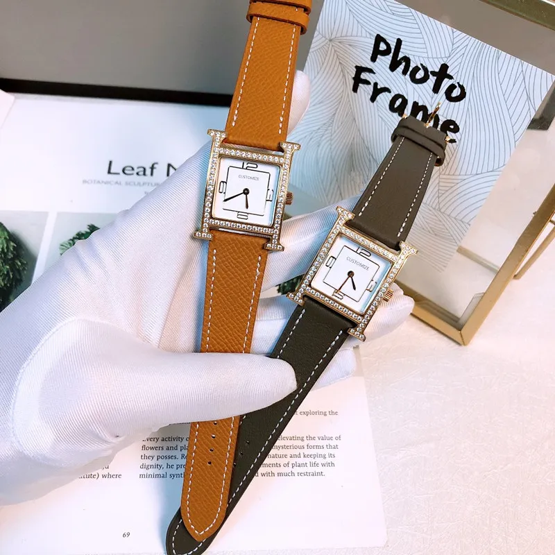 26mm Vintage montre en cuir véritable carré diamant lunette numérique montre-bracelet signe Logo Heure dame montres femmes cadeau d'anniversaire