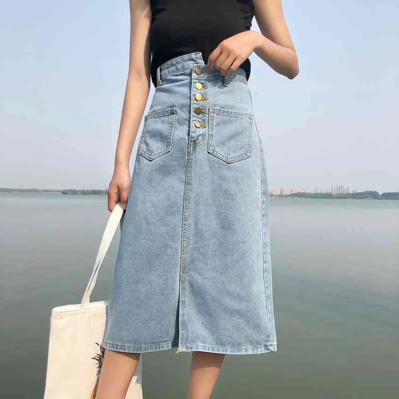 Kvinnors Denim Kjolar Sommar Mode Chic Koreansk Stil Korsknapp Design Hög Midja Midi A-Line Kjol Kvinna 210428