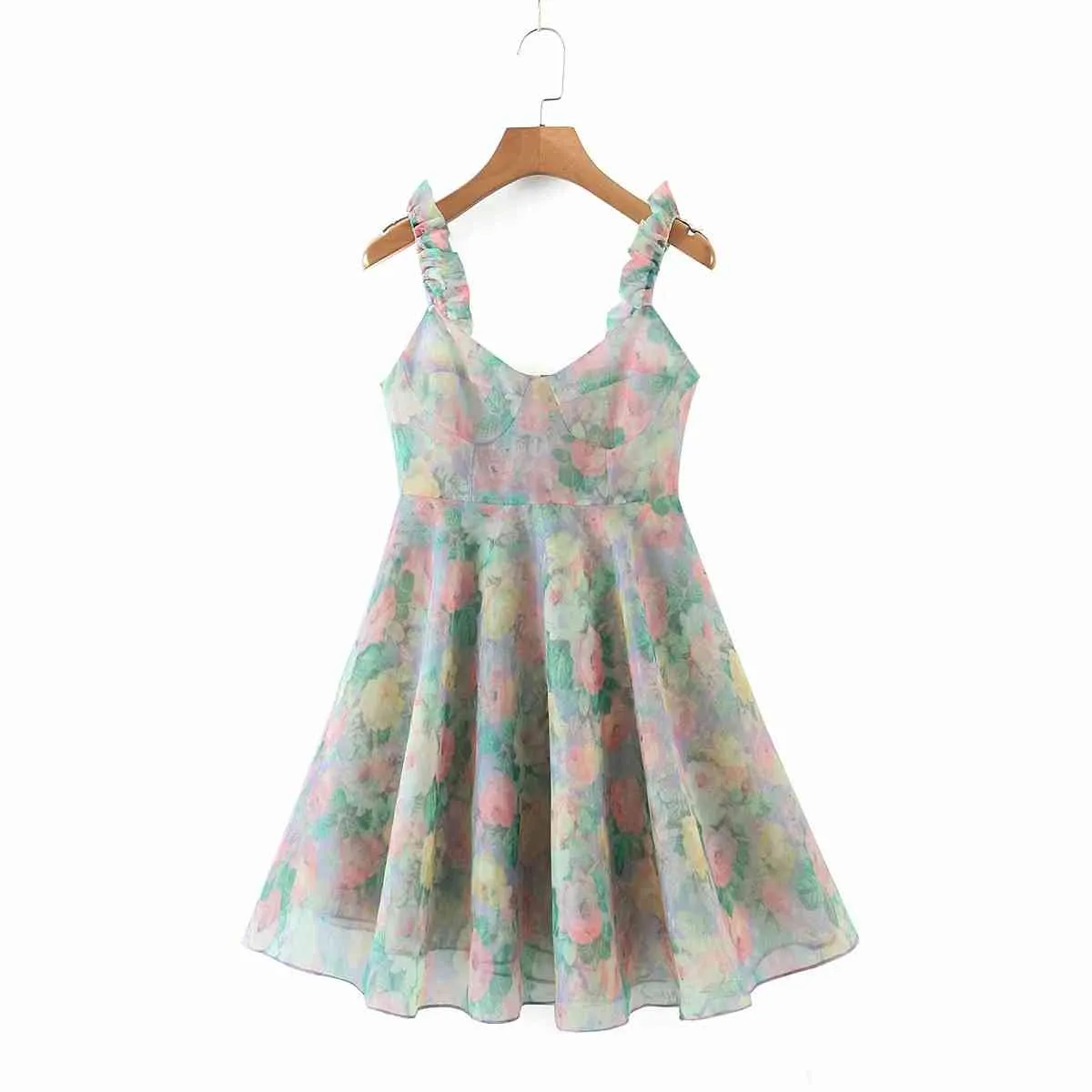 Organza floral vestido de verano para mujeres sin mangas a-line mini vintage elegante malla boho vestido elegante 210427