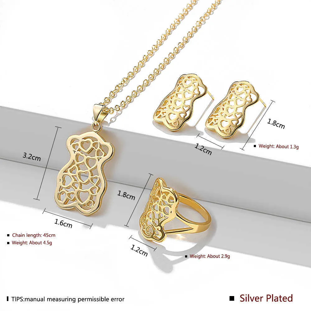 LEKANI Cute Bear Jewelry Sets For Women Fashion Hollow Heart Design Pendant Unisex Necklaces Earrings Ring Wedding Gift 210701