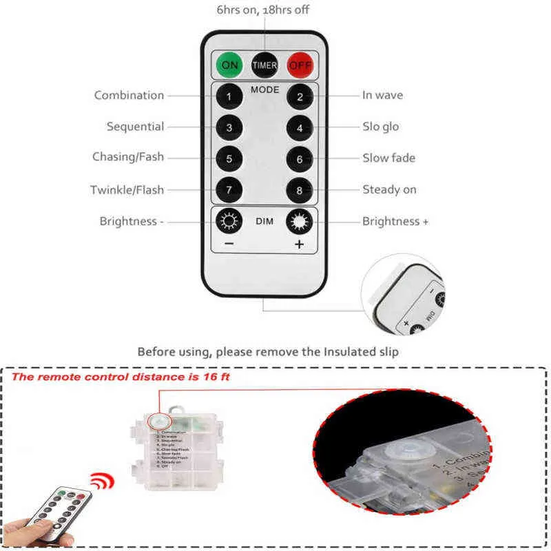 LED-Lichterkette, 8 Modi, wasserdichte Regenbogen-LED-Lichter mit Weihnachtsdekoration, mit Fernbedienung, batteriebetriebene Lichterkette 211104