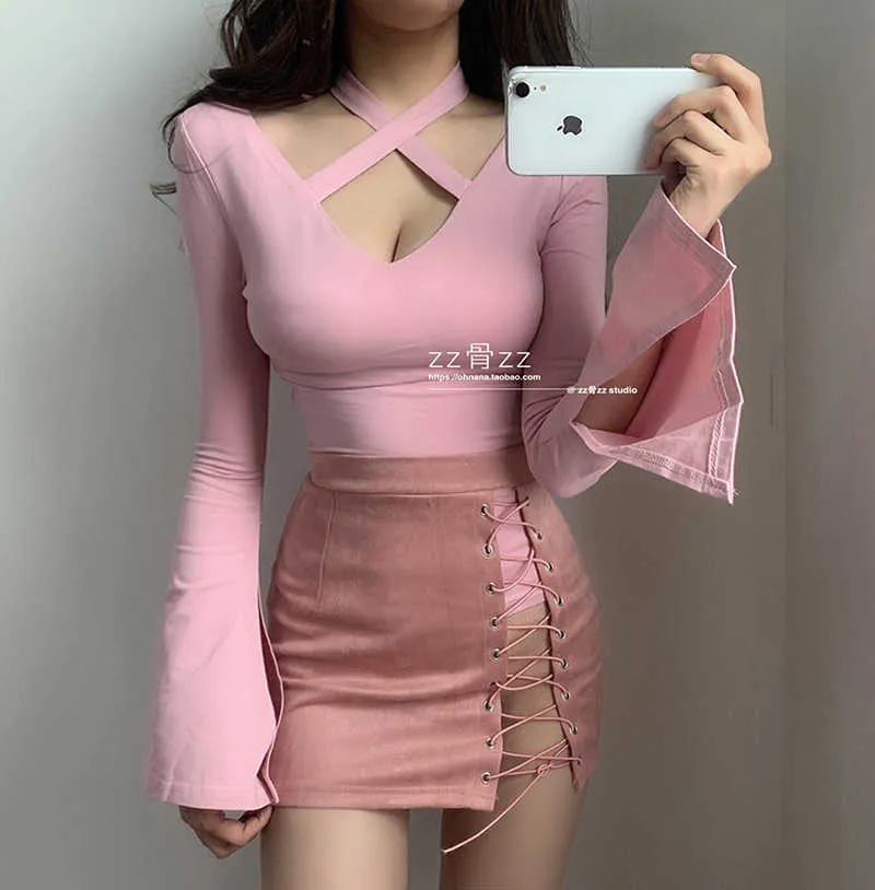 Womengaga Cross Bandage Low Chest V-Neck Hollowed Out Flare Sleeve Temperament Sexig Long Top Shrit Blouse VB1P 210603