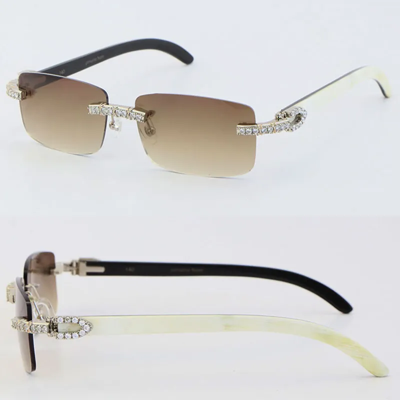 Neues Modell, handgefertigt, 2,6 Karat, Diamantbesatz, randlose Damen-Sonnenbrille, innen weiß, schwarzes Büffelhorn, Herren, berühmte UV400-Linse, Sonne, Gla267P