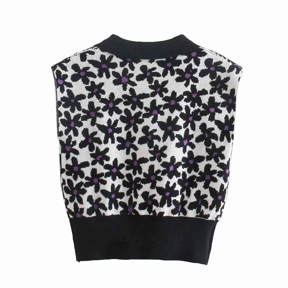 Floral Gestrickte Pullover Weste Frauen Croped Pullover Vintage Ärmellose Revers Koreanische Weibliche Weste stricken Tops 210520