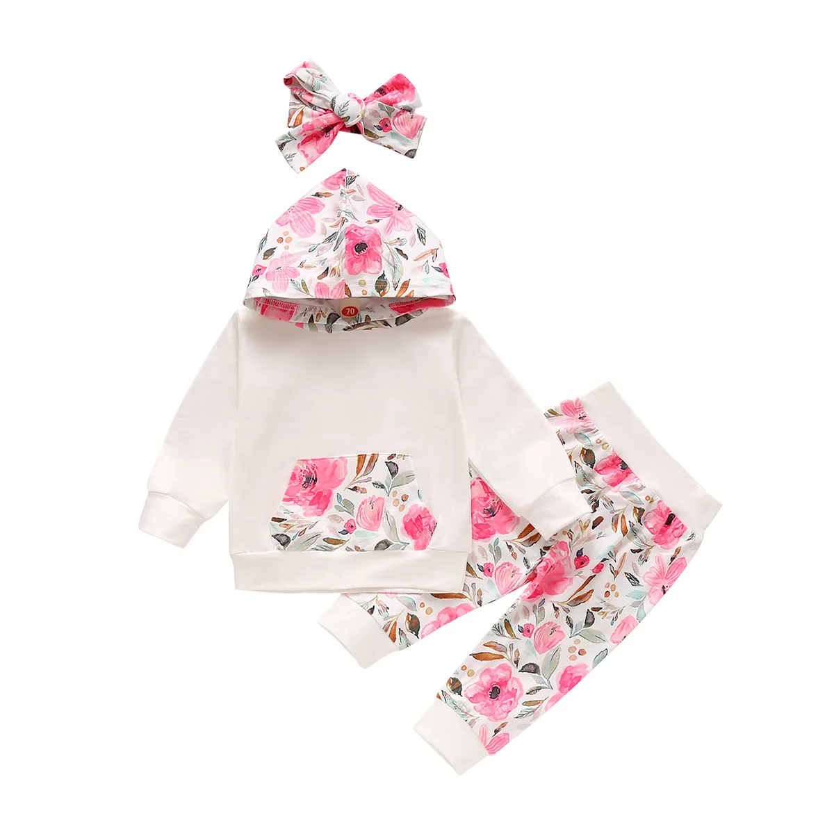 3-24M Flower born Infant Baby Girls Clothes Set Autumn Winter Hooded Sweatshirts Pants Headband Floral Outfits 210515