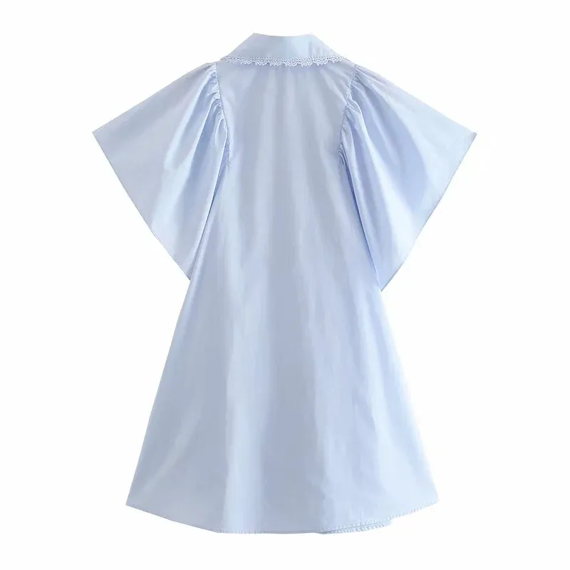 Mode manches chauve-souris simple boutonnage Mini robe été Vintage dentelle Appliques popeline Simple robes élégantes 210521
