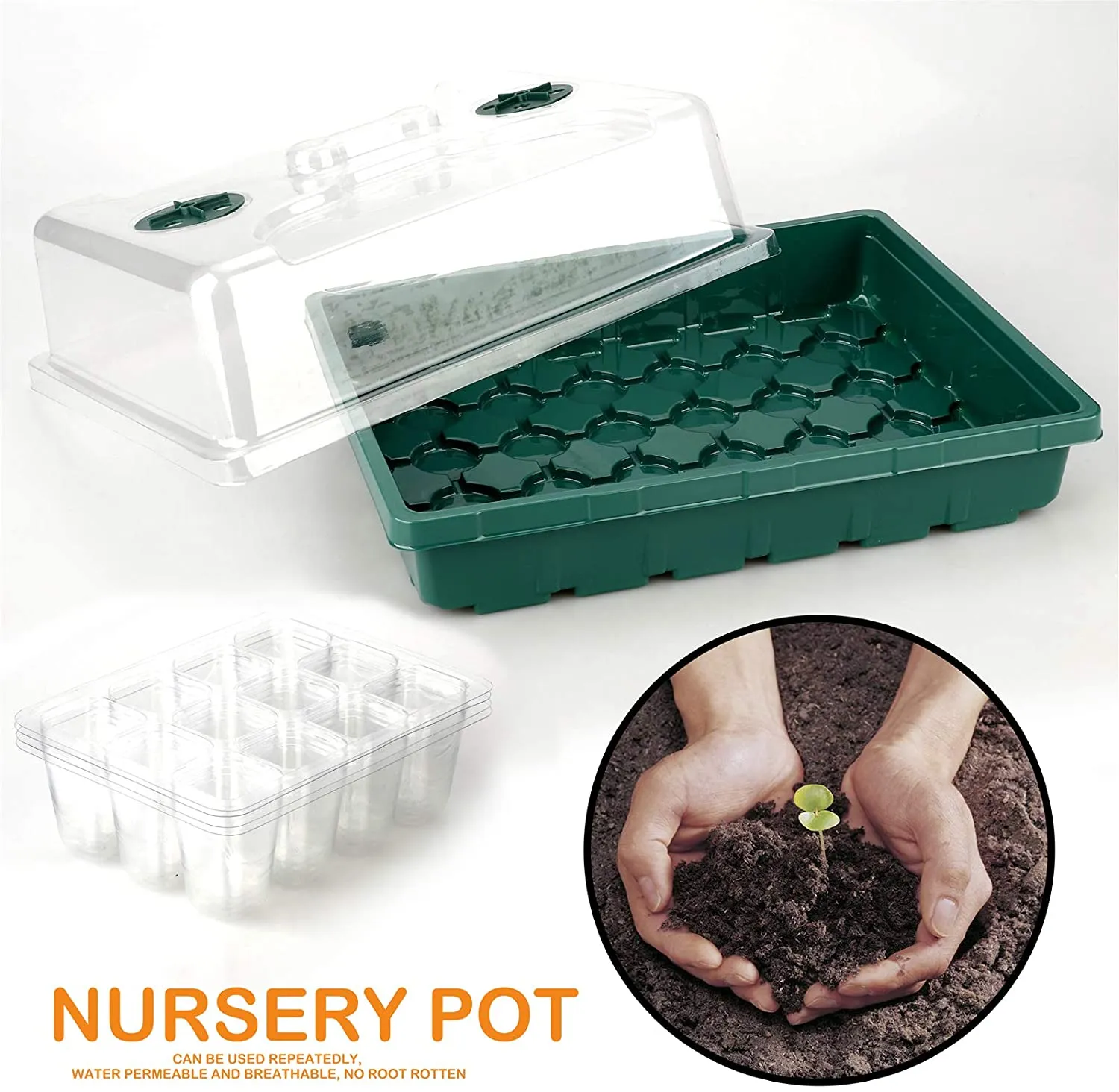 Samen-Start-Fach-Töpfe große 48-Zellen einsetzen Heiße Haus-Samen-Starter-Tabletts-Kit-Garten mit Feuchtigkeitskuppel und Basisschalen zur Keimung Sämlingsausbreitung