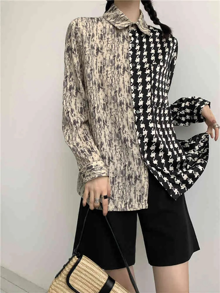 Harajuku patchwork camisa diseñador botón arriba collared manga larga tela escocesa top japonés streetwear ropa 210427