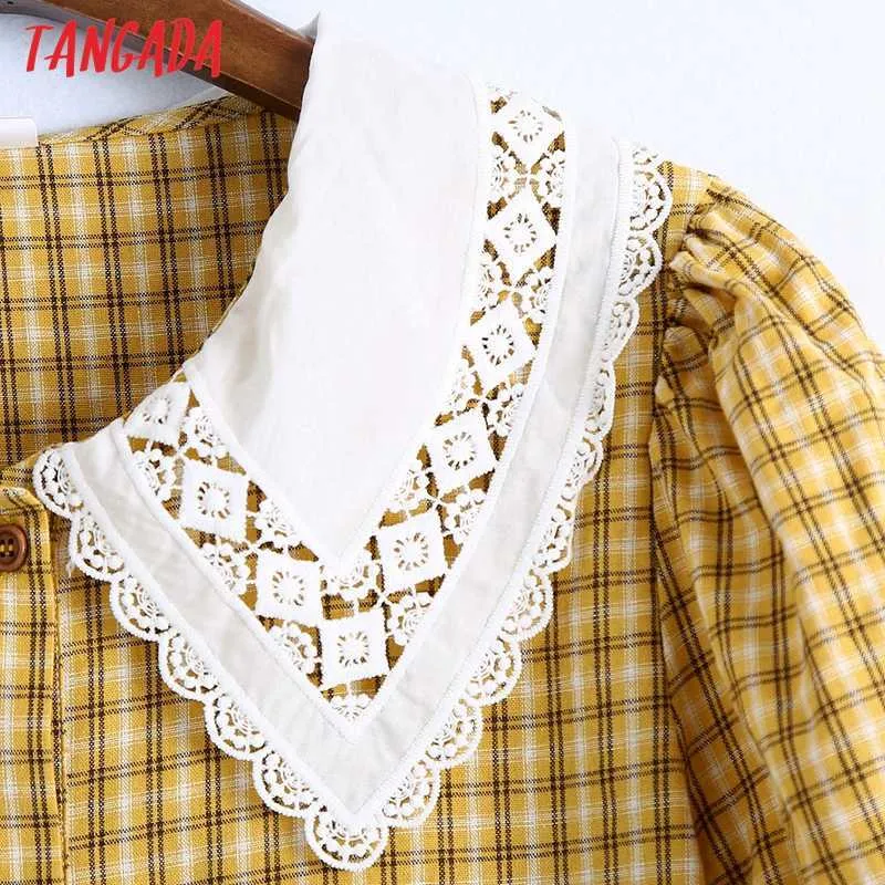 Tangada été femmes jaune robe imprimée col en dentelle à manches courtes dames Mini robe Vestidos 6Z20 210609