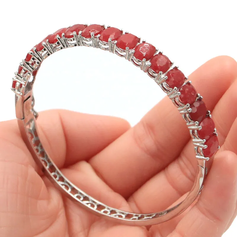 8x6mm Shecrown Sterk aanbevolen Top ING Real Green Emerald Red Ruby for Women Daily Wear Silver Bangle Bracelet 9.0Inch