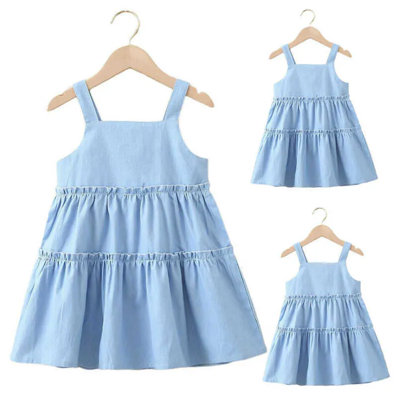Детские простые платья-майки с рукавами для девочек, летние каникулы, повседневный синий жилет, сарафан