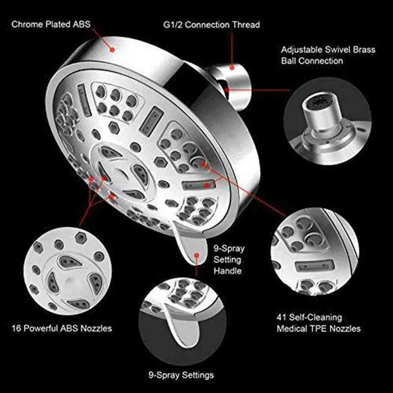 Testa della doccia fissa ad alta pressione Aggiornato 9 Funzioni Regolabile Bagno Bagno Shower Multi-funzionale a parete a muro Doccia fissa H1209