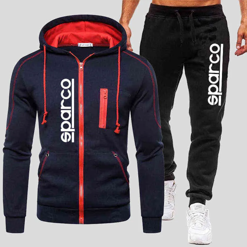 Men's Sparco Tracksuits Winter Zipper Hoodie and Jogging Trouser suits Windproof Motorcycle Clothing Solid Color Running Suits 220107