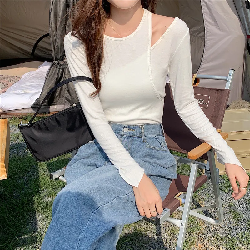 Solid Cotton T-shirt Koreanska Kläder Kvinnor Tops Tunika Höst Slim-Fit Off-Shoulder Fake Tvådelad Långärmad 10940 210427
