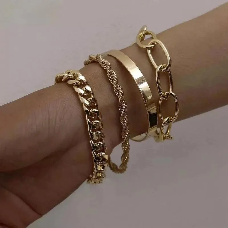 Brazalete CADENA CUBANA Conjunto de pulsera punk Mujer Bohemio Grueso Encanto de oro Joyería de moda274r