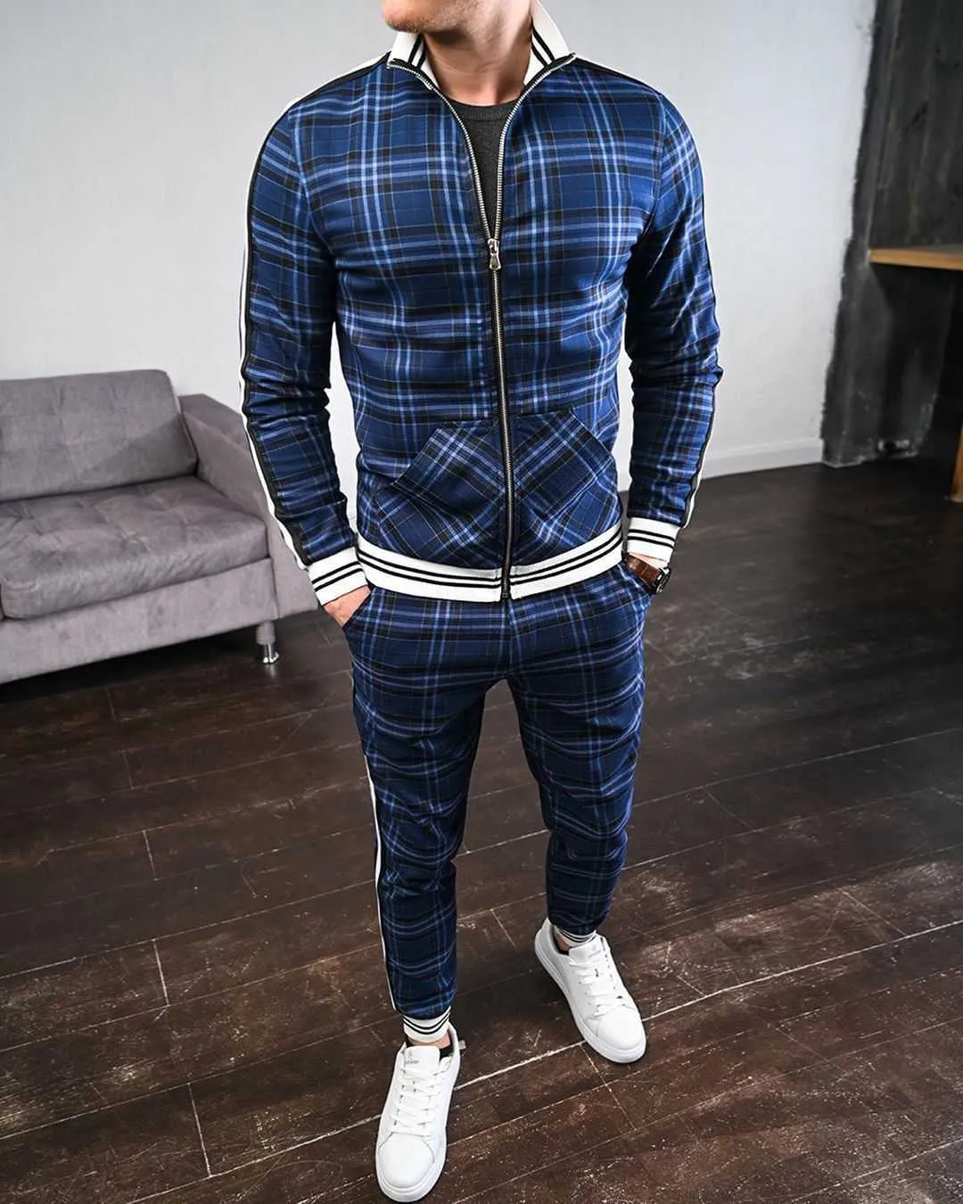 2020 conjuntos masculinos 3d conjuntos de impressão homem faixas homens grade de duas peças patchwork zíper tracksuits Pequeno perna calças suor sets x0610