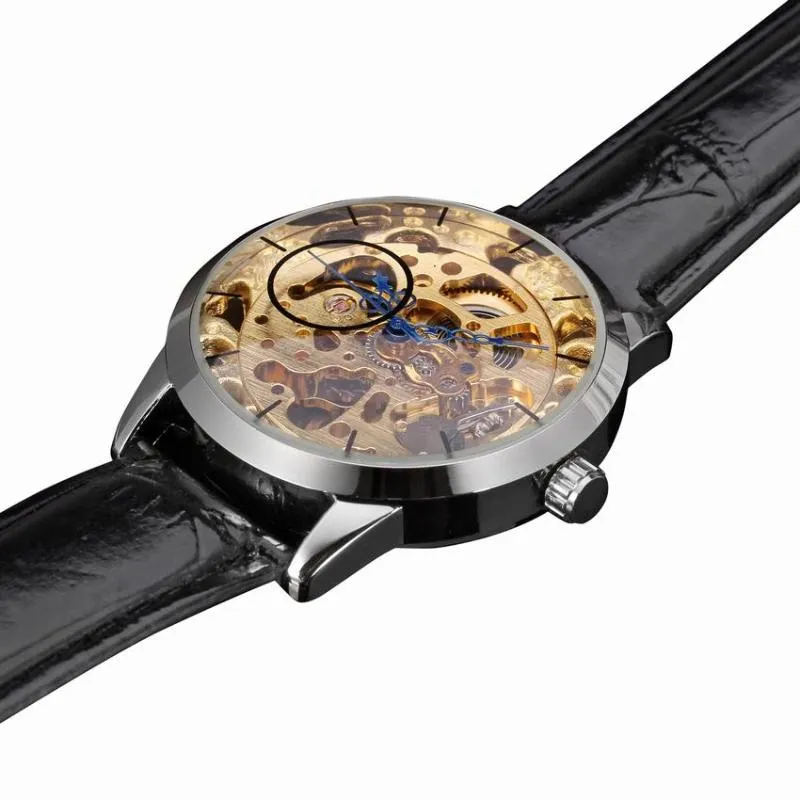 Durchsichtiges silberfarbenes Gehäuse, goldenes Uhrwerk, hohles Skelett, Steampunk-Handaufzug, mechanische Herren-Armbanduhr, schwarzes Lederarmband, Wr225i