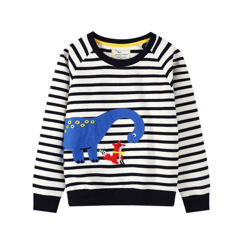 Hoppmätare Ankomst Bomull Baby Sweatshirts With Dinosaurs Applique Stripe Boys Tjejer Tops Toddler Sportkläder 210529