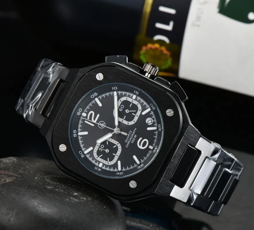 Armbandsur BR Model Sport Quartz Bell Luxury Multifunction Watch Business Full Rostfri Steel Man Ross Square Wristwatch Gift209i