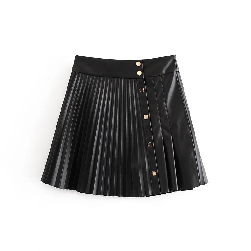 Elegant women Faux Leather Skirts Fashion lady Pleated Patchwork Sweet Female Streetwear Button High Waist Mini 210427