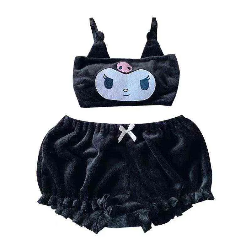 Kawaii Bunny Pajama Summer Woman Soft Black Adorable Velvet Pyjamas for Women Girls Cute Underwear Pj Shorts Sleepwear 211112