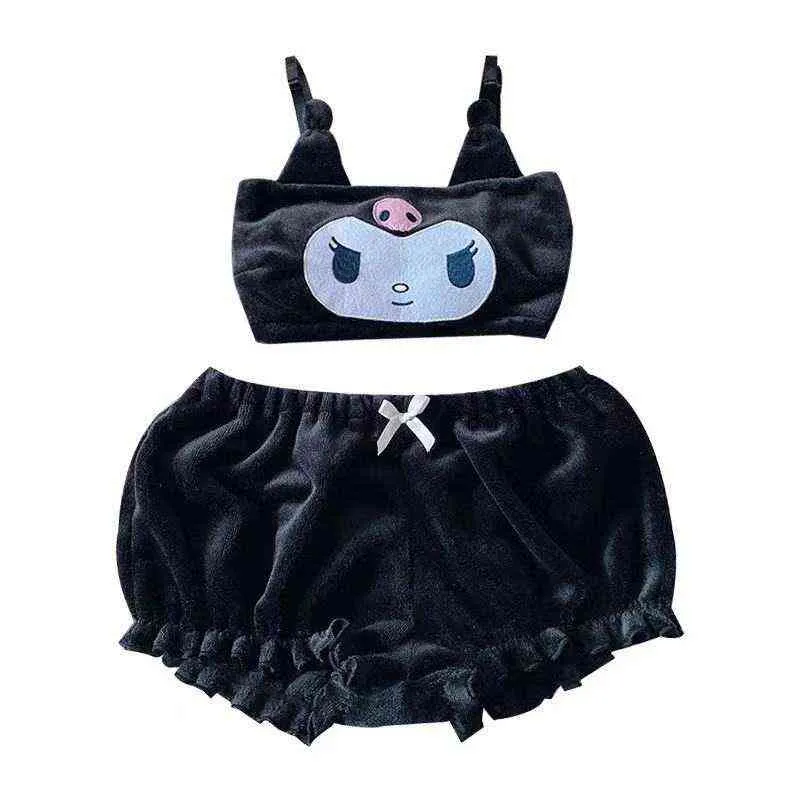 Kawaii Bunny Pyjama D'été Femme Doux Noir Adorable Velours Pyjamas pour Femmes Filles Mignon Sous-Vêtements Pj Shorts Vêtements De Nuit 211112