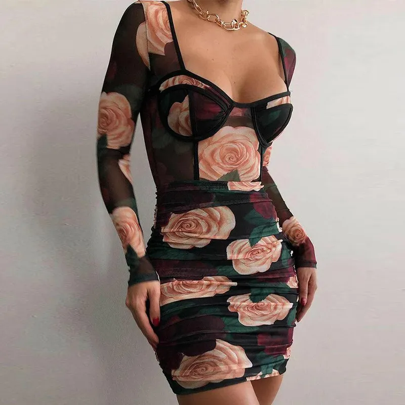 Rose Flower Printed Woman Jurken Aankomst Lange mouw Bodycon Sexy Club en Party Dress Elegante Mini Robe Streetwear 210525