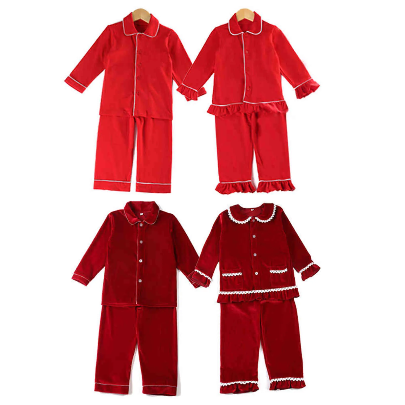 Kinderkleidung, 100 % Baumwolle, einfarbig, süßer roter Pyjama, Winter mit Rüschen, Baby-Mädchen, Weihnachtsboutique, Heimkleidung, Pyjama mit langen Ärmeln, 211109