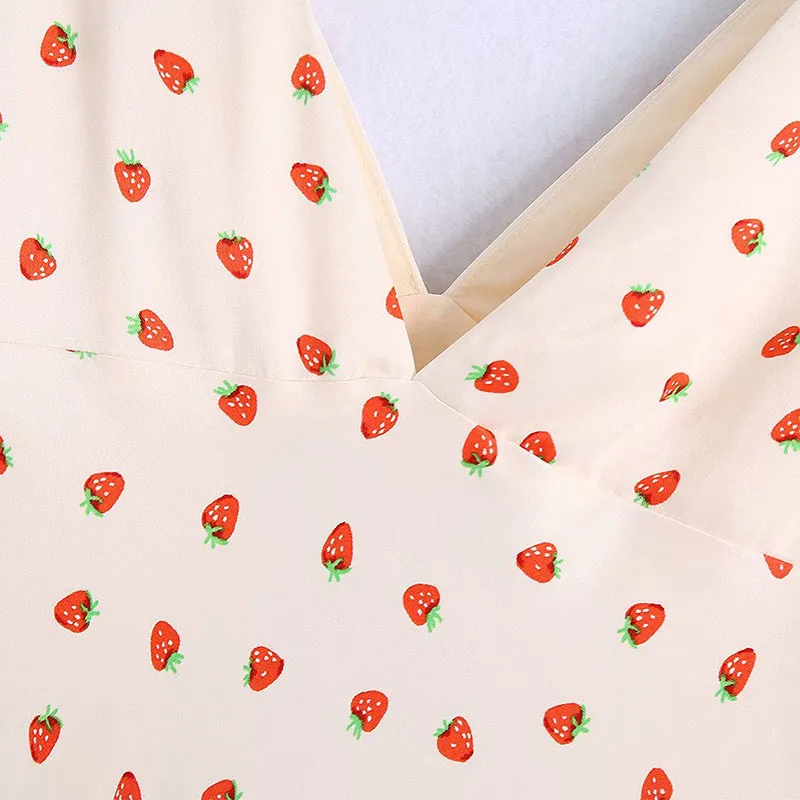 Kvinnor sommar söt mini tank klänning za ärmlös v-nacke jordgubbe print kvinnlig elegant gata casual foder klänningar 210513