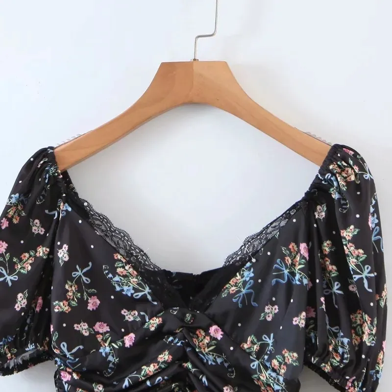 Vintage Black Lace Blouse Chemise Femmes Été Floral Imprimer Crop Top Élégant Tops Courts Up Blusas De Mujer 210427