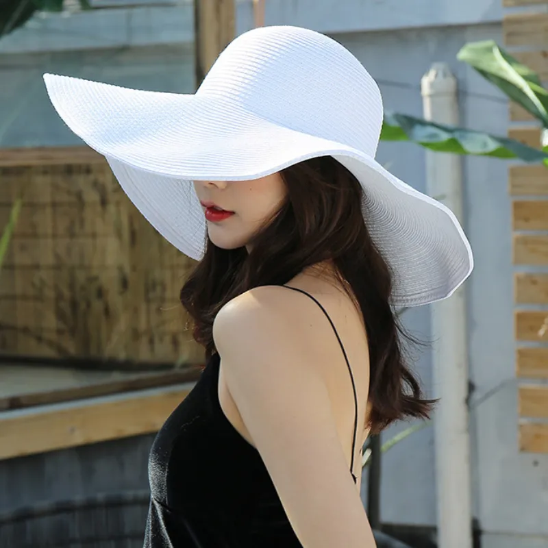 HT3062 Fashion Big Big Wide Brim Cappello Solido Pianura Pianura Floppy Beach Sole Cappello Pacchettibile Estate Cappelli Le Donne Lady Straw Hat Beach Cap 220301