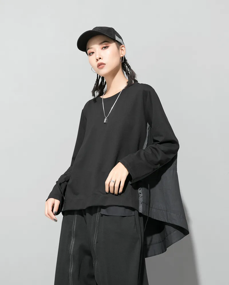 [Eam] Loose Fit Black Back Long Oversized Sweatshirt Round Neck Långärmad Kvinnor Stor Storlek Mode Vår Höst 1d687 21512