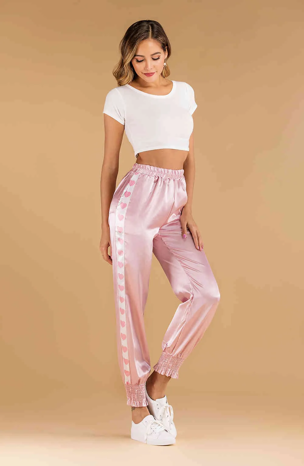 Brillant côté amour motif pantalon femme printemps été haute taille élastique rose pantalon cargo fenale 5E205 210427