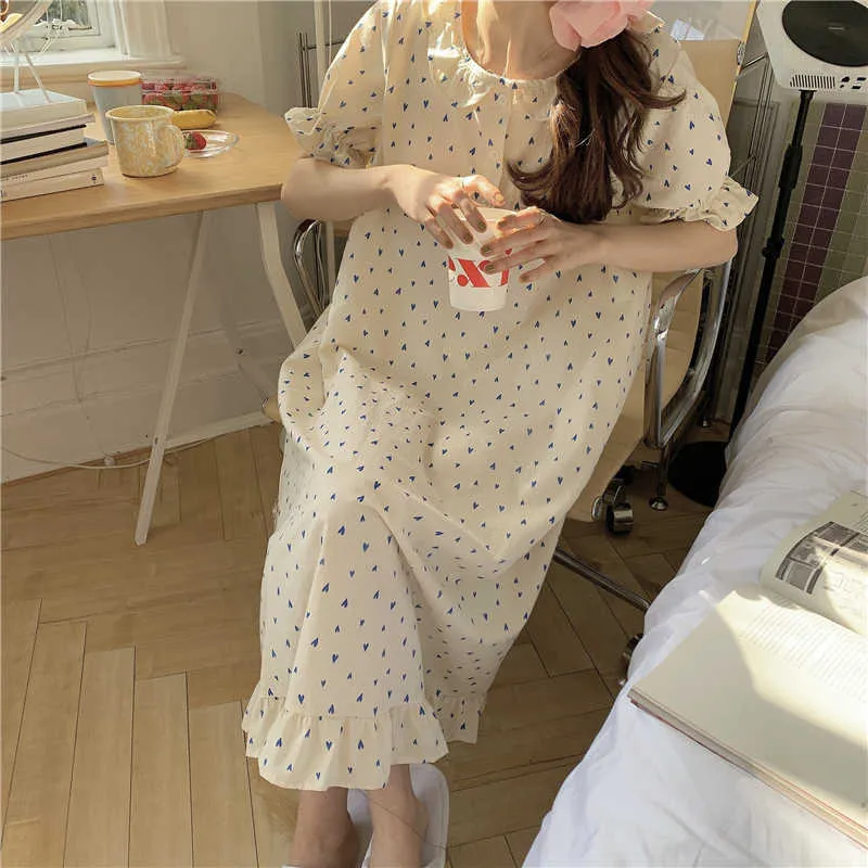 Tryckta hjärtor Sleepwear Girls Casual Homewear Dress Pyjamas Loose Cotton Chic Sweet Princess Sommar Nattdress 210525