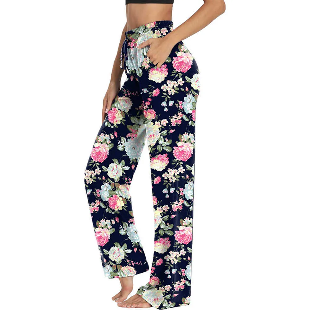 Kobiety Szerokie spodnie nogi Kwiat Drukuj Luźne Dorywczo Proste Spodnie 2021 Kobieta Boho Beach Lato Wysoka Talia Długie Spodnie Q0801