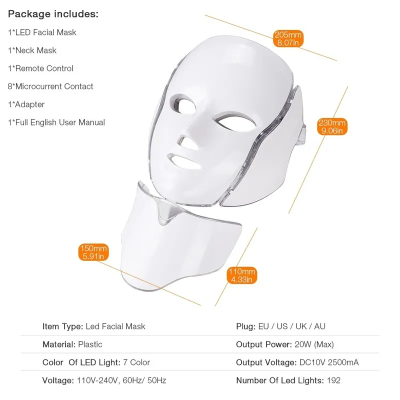 7 kleuren LED Lichttherapie Gezichtsmasker Met Nek Huidverjonging Potherapie Schoonheid Anti Acne Draai Fleuren Machine 220224