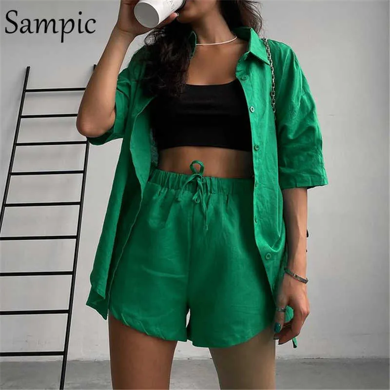 Agasalhos femininos Sampic Casual Lounge Wear Summer Green Agasalho feminino Conjunto de shorts camisa de manga curta Tops e mini solto de duas peças P230419 bom