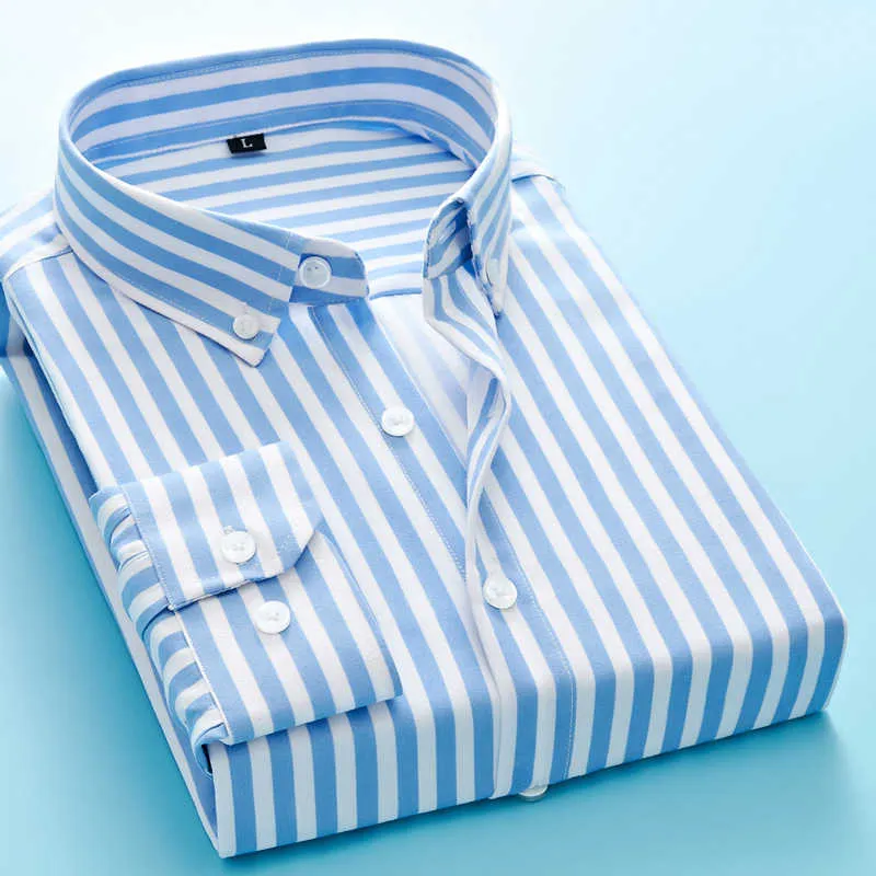 Printemps automne coton chemises décontractées hommes mode bouton vers le bas à manches longues chemise rayée coupe régulière chemisier masculin 210721