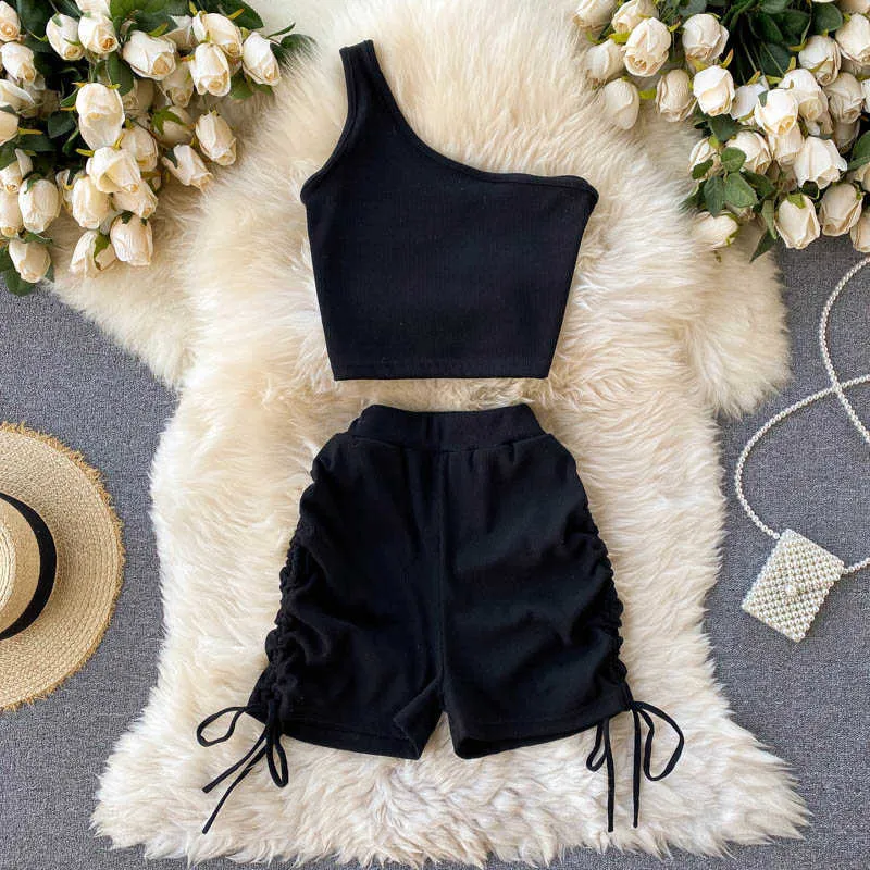 Foamlina Casual Women Set Solid Summer Fashion One Shoulder Sleeveless Crop Top and Drawstring Shorts Workout Tracksuits 210721