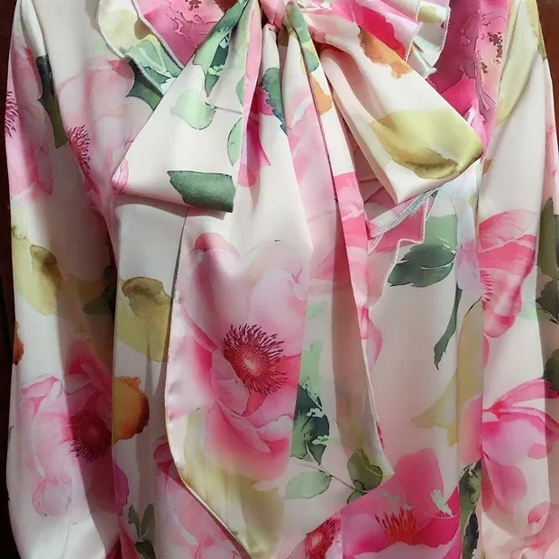 Designer Runway Elegante rosa floreale camicette in raso donna vintage bowknot liscio casual Blusas camicie femminili mujer camiseta 210421