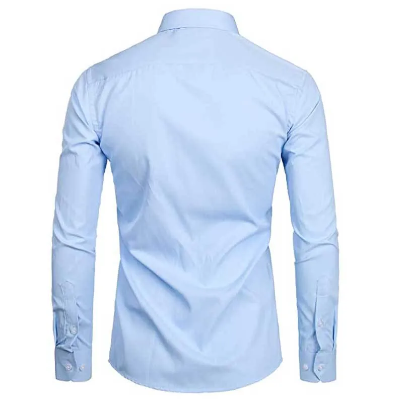 Hommes bleu ciel Slim Fit chemises habillées Slim Fit à manches longues marque chemise hommes coton Top qualité affaires chemise formelle avec poche 210522