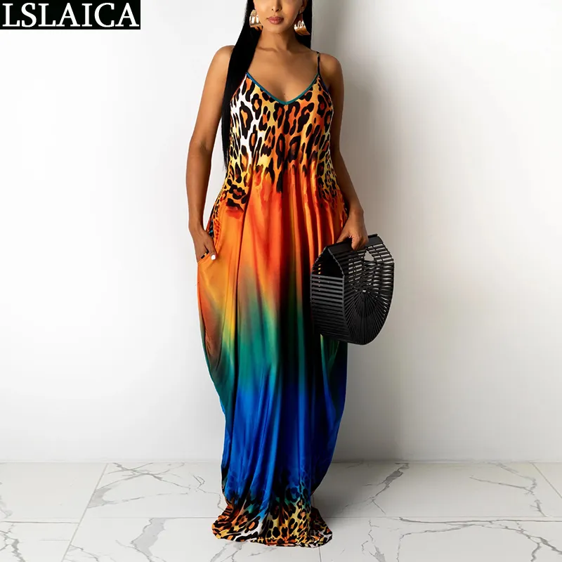 Drop Sundresses Femmes Sans Manches Tie Dye Imprimé Léopard Sexy Robes Longues pour Plus La Taille De Mode Sling Robe D'été 210515