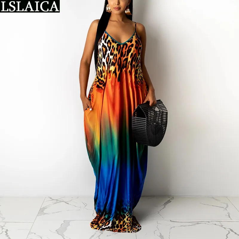 드롭 Sundresses 여성 민소매 넥타이 염료 표범 인쇄 섹시한 긴 드레스 플러스 사이즈 패션 슬링 드레스 여름 210515