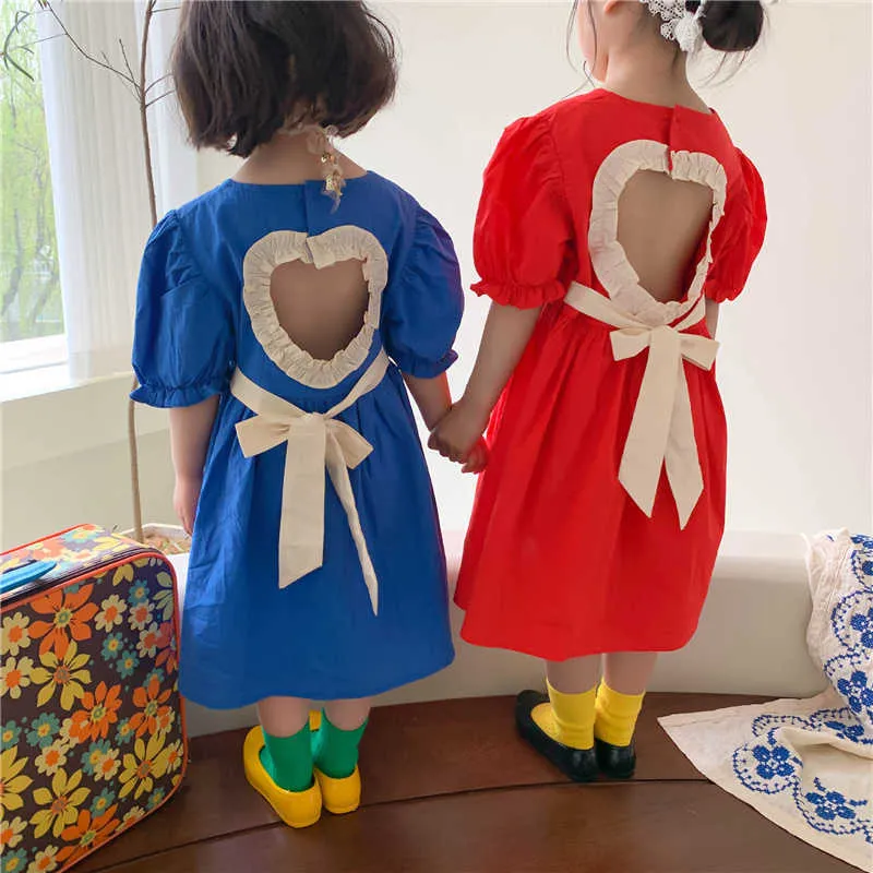 Koreaanse stijl schattige meisjes zomer losse korte mouw jurken holle rug hart-vormige kinderen prinses jurk 210615