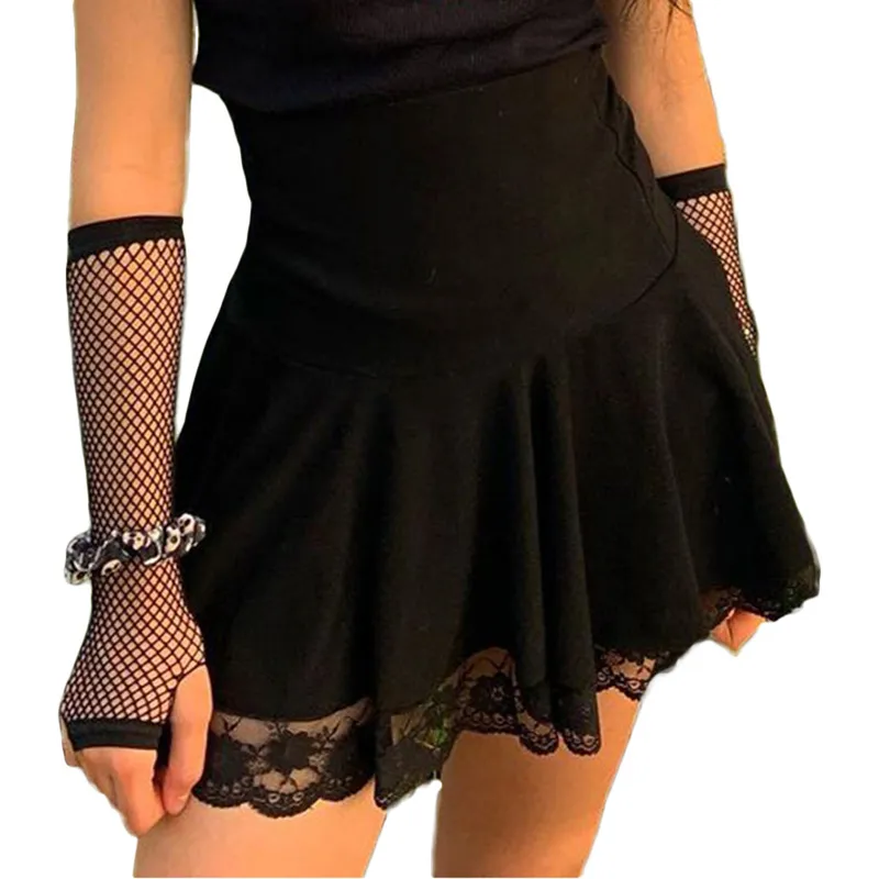 여성 a 라인 스커트 고딕 블랙 레이스 가장자리 하이 웨스트 Pleated 펑크 스타일 빈티지 파티 섹시한 숙녀 미니 Clubwear 210522
