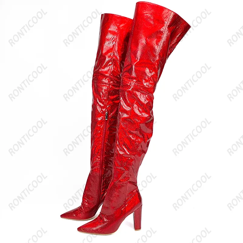 Rontic Women Winter Udo High Botki Block Obcasy Wąż Wzór Wskazany Toe Gorgeous Red Club Wear Buty Kobiety Plus US Rozmiar 5-15