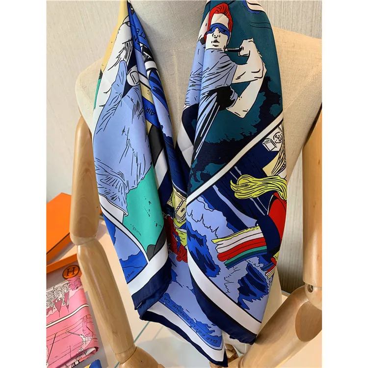 Handmatige handgerolde twill zijden sjaal Dames Sport Club Afdrukken Mode Vierkante sjaals Echarpes Foulards Femme Wrap Bandana Hijab 90240A