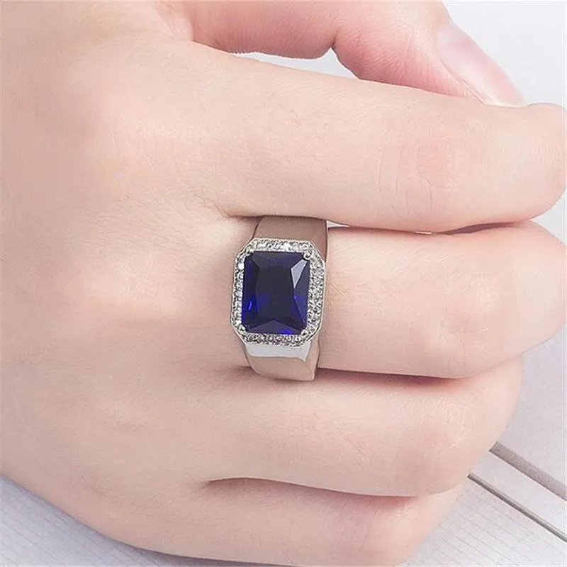 Handmade Wedding Rings Simple Fashion Jewelry 925 Sterling Silver Radiant Cut Blue Sapphire Gemstones Party Male Engagement Band Rin For Men Gift