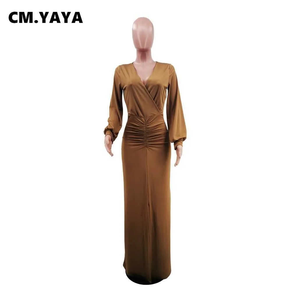 Cm.yaya kvinnor lång klänning solid full ärm v-nacke strechy maxi golv längd klänningar mode vintage party vestidos sommar outfit 210915