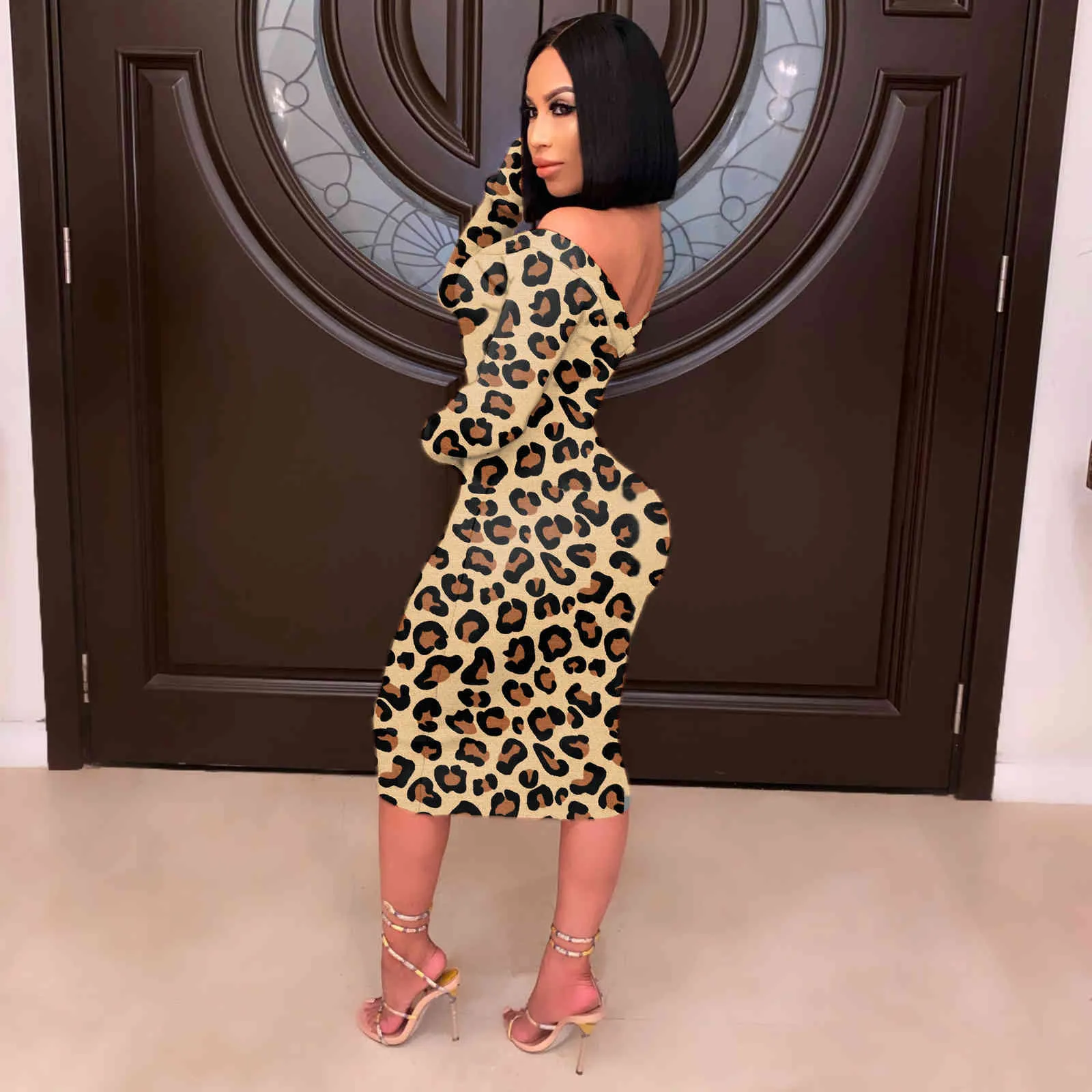 Classic Fashion Leopard Printed Deep V Neck Long Sleeve Sheath Midi Dresses For Women Party And Wedding Gowns Prom Free 210525
